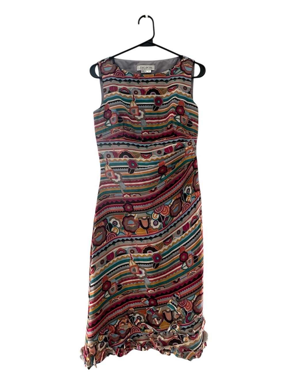 Vintage Y2K Kay Unger Multicolor Wool/Silk Blend Striped Floral Midi Dress 4